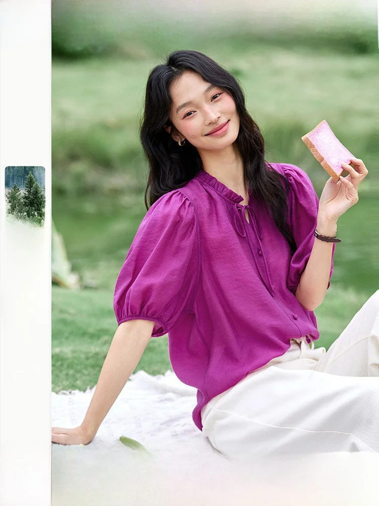 

Lcelin Silk Women's irt Loose Fit ort Sve Slimming Top French Sle round Ne Button Detail Pure Color Summer New Arr...