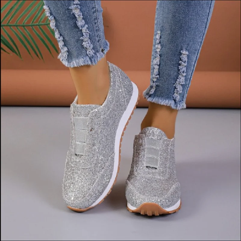 2024 Autumn New Fashion Slip-on Low-heeled Women\'s Sneakers Gold Silver Trend Sport Shoes Ladies Outdoor Casual Walking Shoes