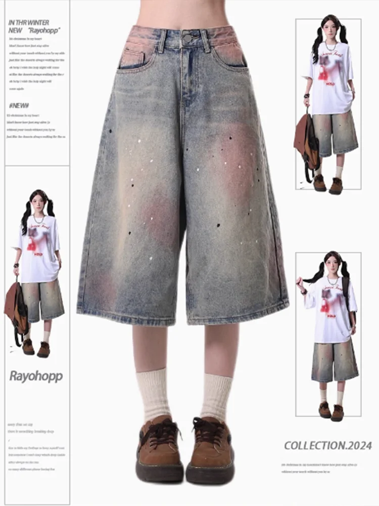 

Women's Blue Y2K Jeans Shorts Cargo Baggy Washed Japanese Harajuku Streetwear 2000s Style Vintage Jeans Shorts Clothing 2025 New