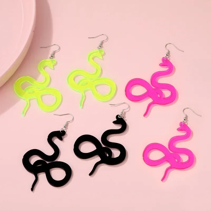 Punk Hip Hop Neon Green Pink Black Twist Snake Earrings for Women Acrylic Acetate Twisted Animal Snakes Drop Earrings Brincos