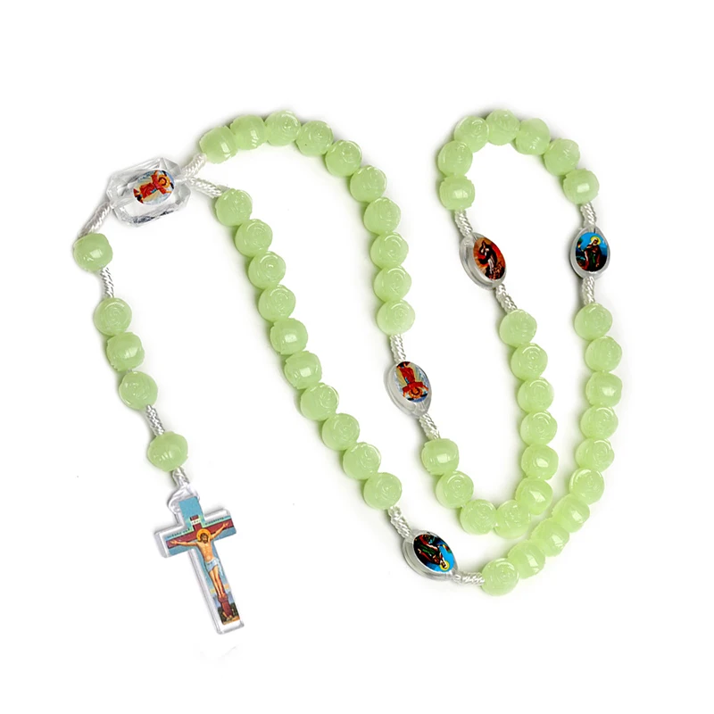 Fashion Christian Catholic Luminous Rosary Cross Necklace For Women Prayer Necklace Sticker Icon Random