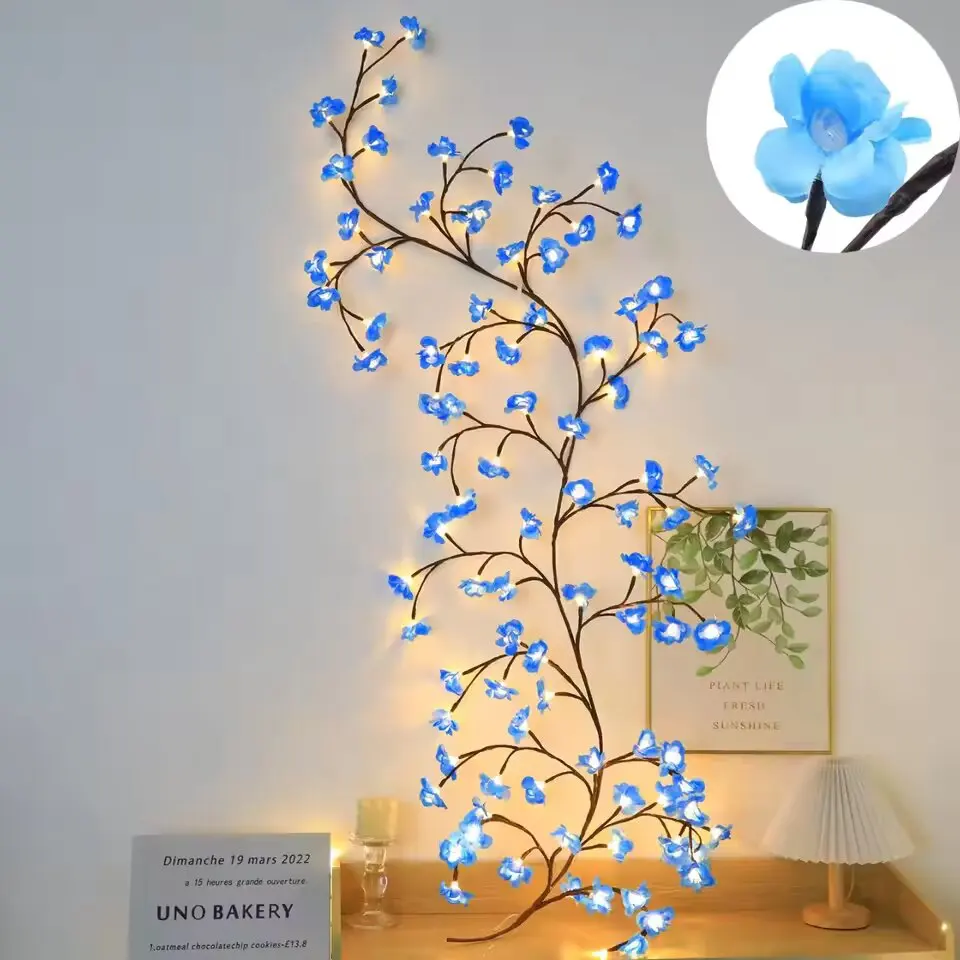 96LED Cherry Blossom Vine Wall Decorative Lights USB 8 Modes Remote Control Fairy Lamps Valentine Christmas Wedding Room Decor