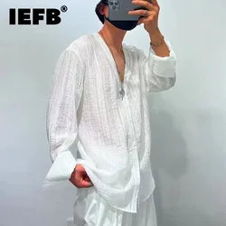 IEFB Men's Shirts Casual V-neck Long Sleeve Single Breasted Loose Menwear Solid Color Thin Male Tops New Fashion Summer 9C6647