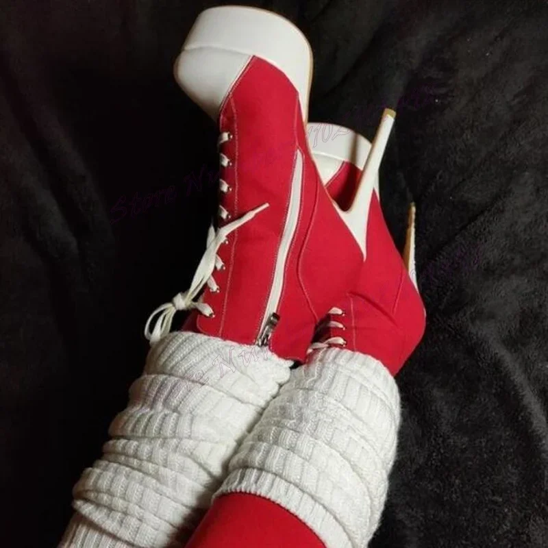 

Red Denim Cross Tied Platform Boots Mixed Color Shoes for Women Stilettos High Heels Sports Style Shoes 2025 Zapatos Para Mujere