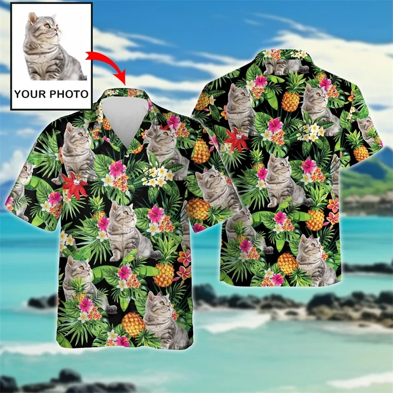 

Custom Pet Cat Graphic Hawaiian Beach Shirts Cute Design Cats Face Shirt For Men Clothes Funny Customized Photos Female Blouses