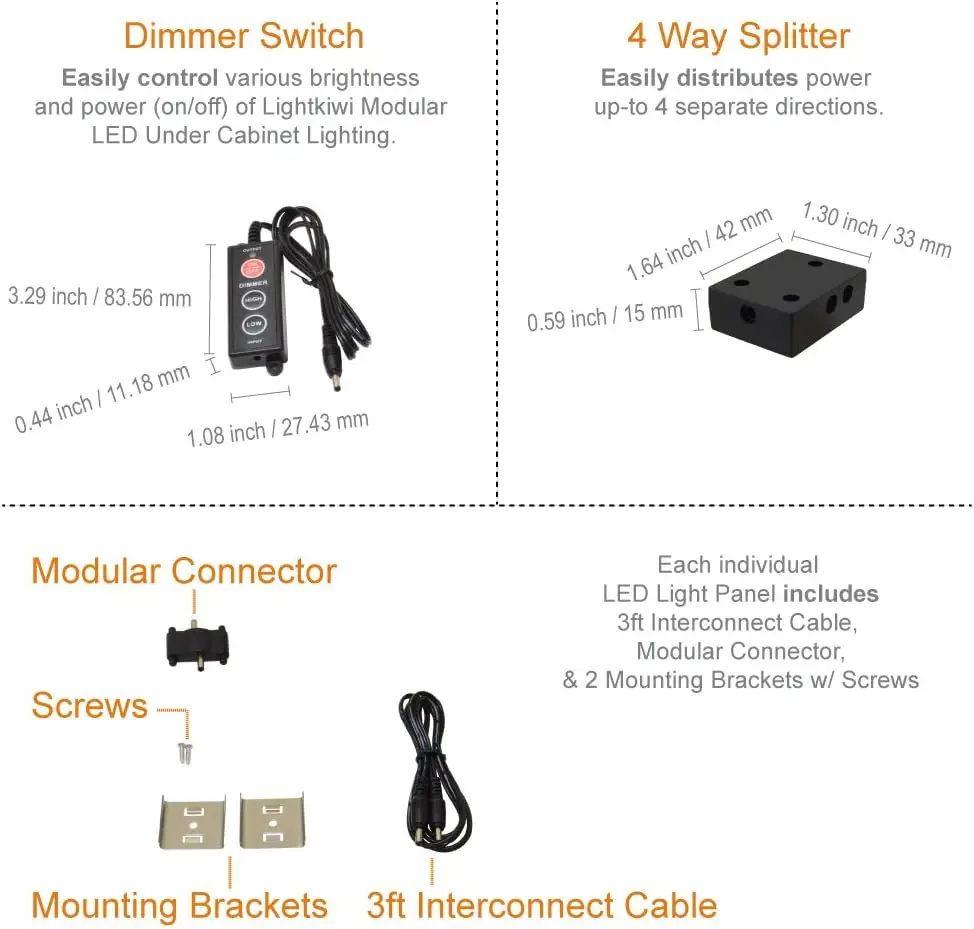 

Lightkiwi Dimmable Led Under Cabinet Lighting 4 Panel Kit, 6 Inches Each, Warm White (3000K), 7.2 Watt, 24Vdc, Dimmer Switch &