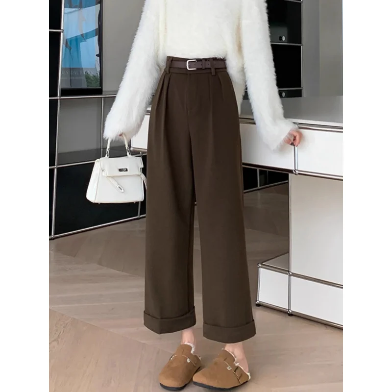 Curling Woolen Pants Children2024Autumn and Winter New High Waist Thickened Cropped Pants Loose Fleece-lined Suit Wide Leg Pants