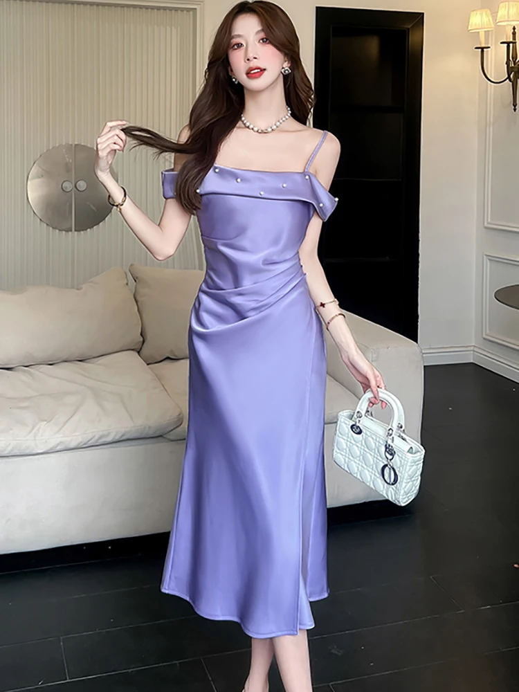 夏パープルサテンシックなビーズスリングロングドレス女性韓国ヴィンテージ高級ダンスパーティードレス 2025 エレガントなボディコンナイトドレス