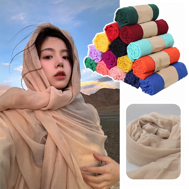 Fashion 17 Colors Long Scarf Wrap Soft Cotton Linen Scarves Women Muslim Crinkle Shawl Hijab Green Neckerchief Islamic Headscarf