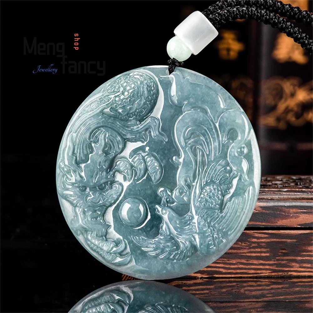 Natural A-goods Jadeite Blue Water Dragon and Phoenix Auspicious Couple Pendant Exquisite Handicraft Luxury Fashion Fine Jewelry