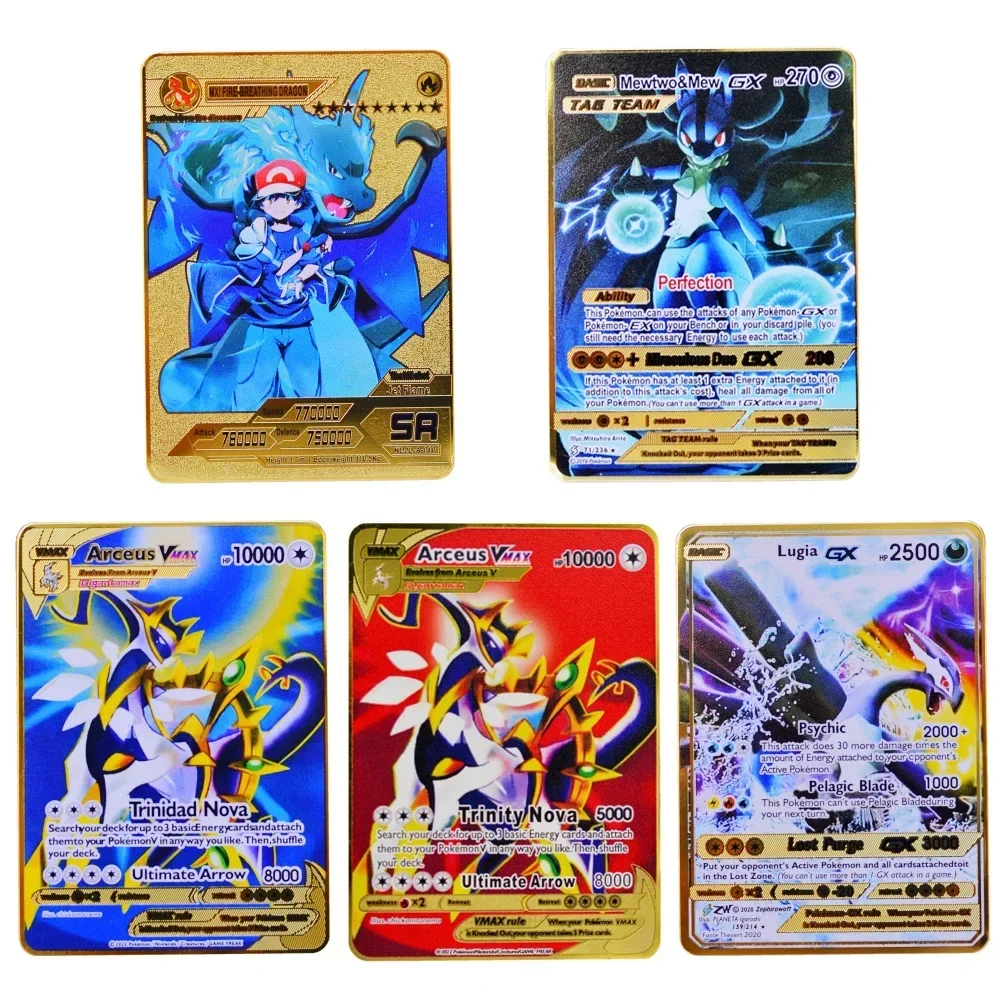 5Pcs Pokemon Card Metal Pokémon Letters Venusaur Vmax Charizard Pikachu Gx Blastoise Gold Iron Cards Anime Games Kids Toys Gifts