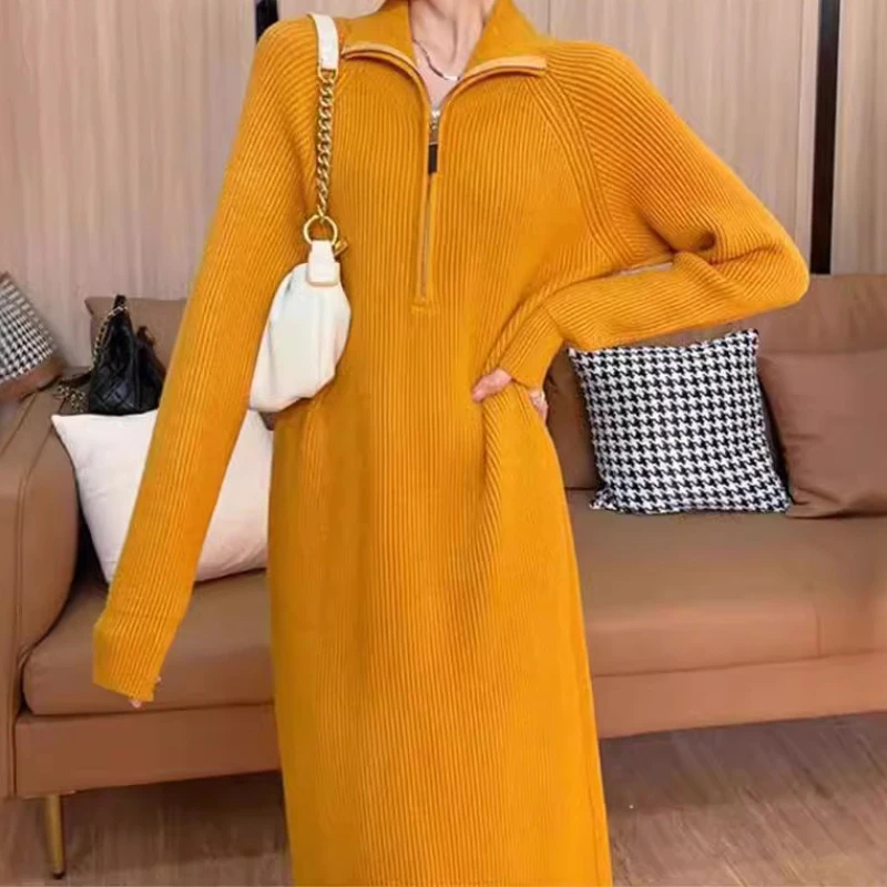 Vestido de malha de comprimento médio super elegante para mulheres com casaco ou suéter, camada de base acima do joelho, adequado para outono e inverno