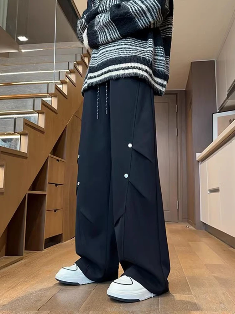 

American Sle Men's Spring Autumn Wide Leg Pants Pleated Design Rivet Straight Loose Casual Long Trousers Faionable Loose Fit