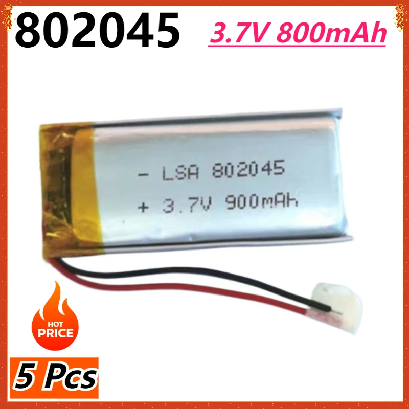 5pcs 3.7V 800mAh 802045 Lipo Polymer Lithium Rechargeable Battery for MP3 GPS DVD Bluetooth Recorder Headset Camera Smart Watch