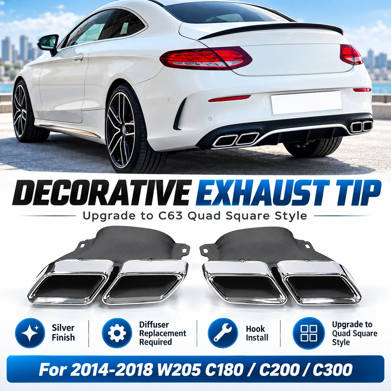 C63-Style Vierfach-Auspuffendrohr aus Edelstahl für Mercedes Benz W205 C200 C300 C180 C260 2015-2018 Auspuffblenden Endrohr