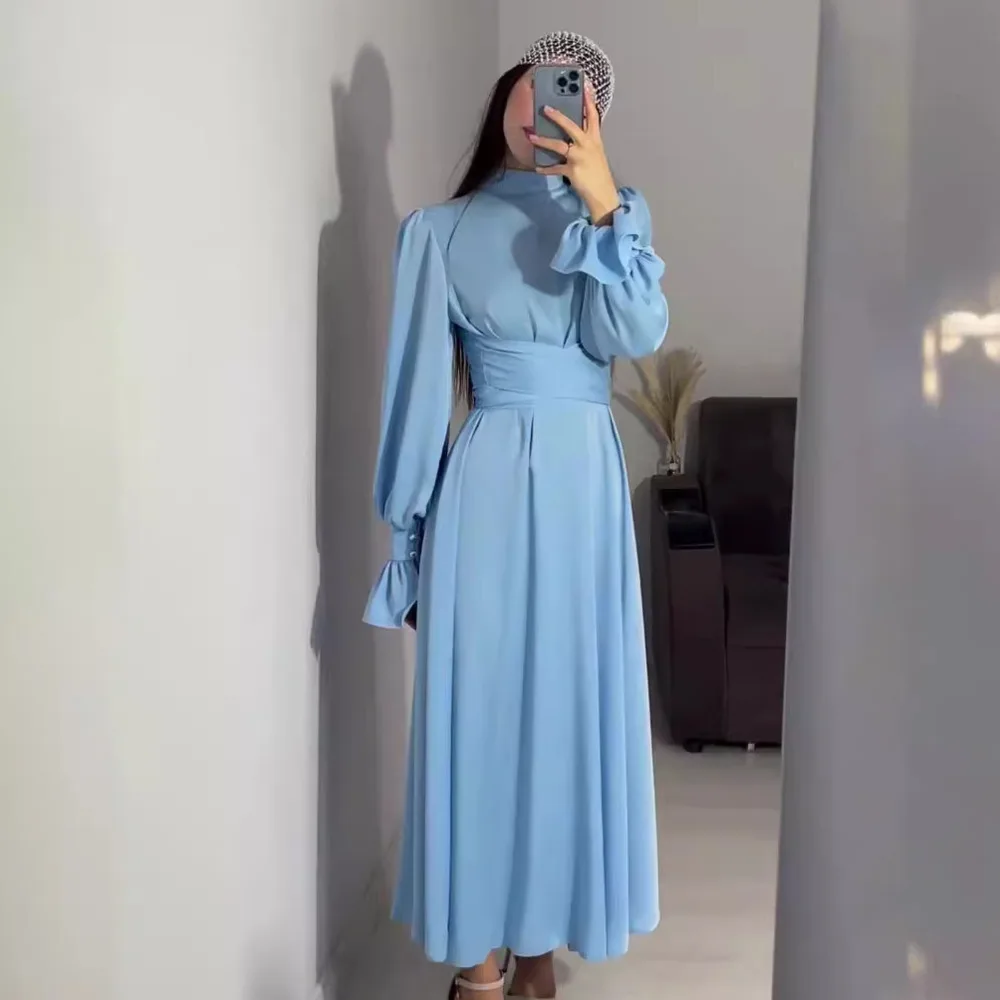 

Woman Clothing 2024 Autumn New Long Sleeved Waist Wrapped Bubble Sleeve Solid Color Fairy Style Women's Abayas 2024 Dress