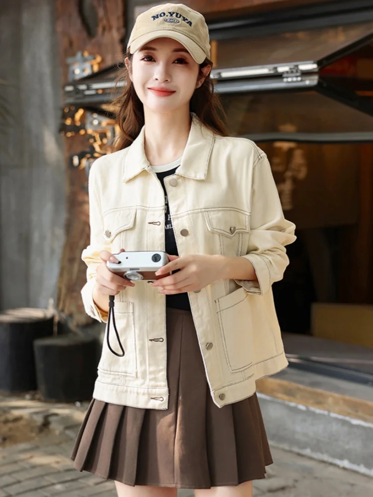 

Women's Casual Denim Jaet with Big kets Waed Cotton Fall New Sle Simple Match All Leisure Coat Top Beige