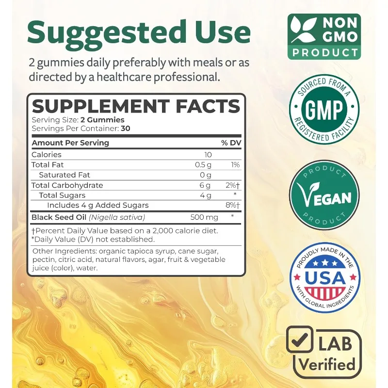 Black Seed Oil Gummies - Natural Ginger Soda Flavor (Non GMO and Vegetarians), 60 capsules