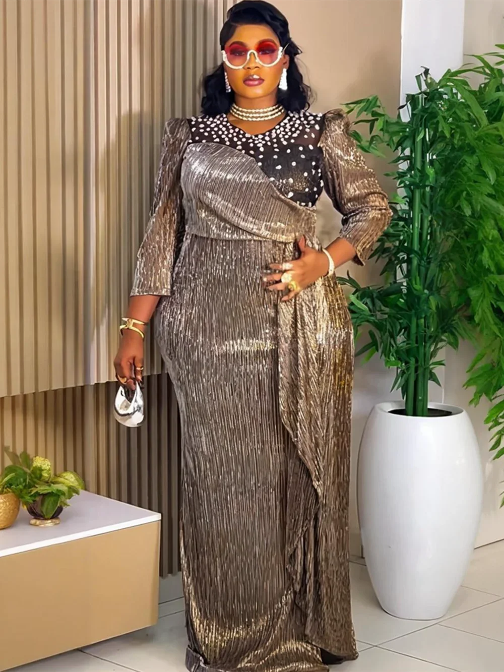 

African Party Dresses for Women Dashiki Diamond Bodycon Plus Size Slit Long Dress Elegant Outfits Muslim Wedding Evening Gown