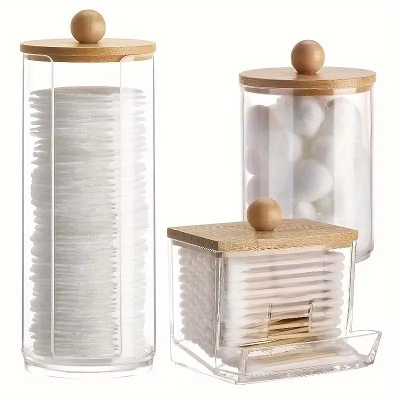 Cotton Swab Holder Bathroom Dispenser Storage Cotton Ball, Cotton Swab, Cotton Round Pads, Floss Picks - Clear Canister