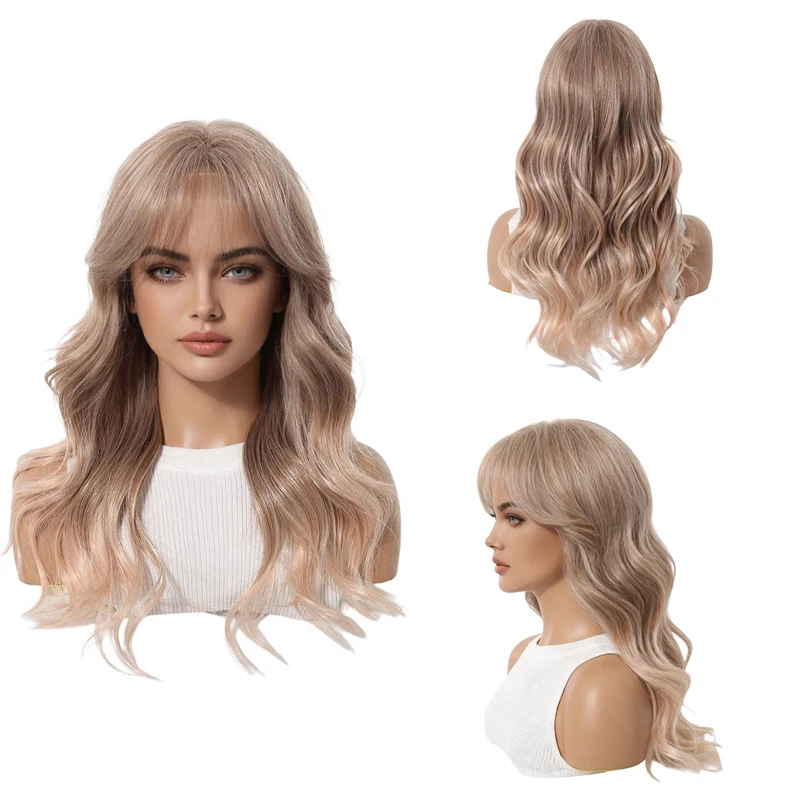 

Balayage Ash Blonde Ombre Long Wavy Wig For Women French Bangs Natural Hairline Glueless Full Head Heat Resistant Daily Wear Wig