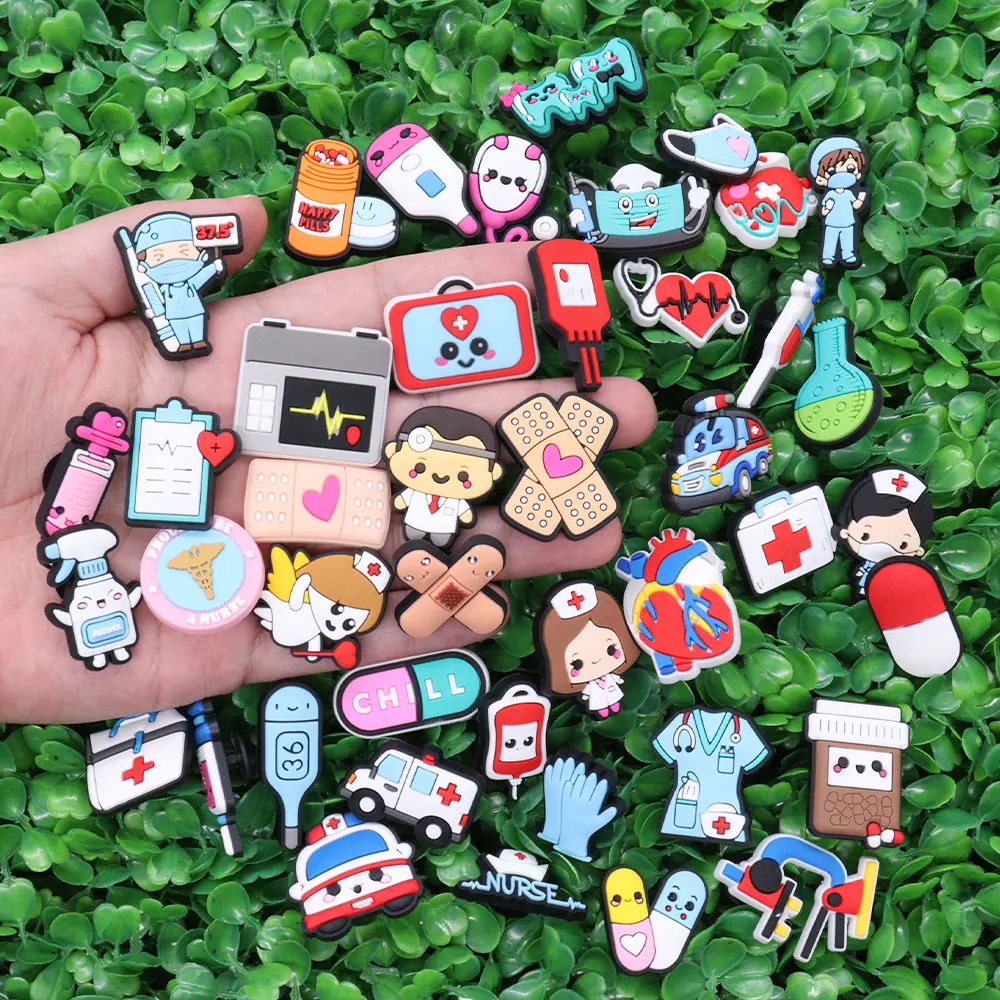 Mix 50Pcs Cartoon Doctor Nurse Ambulance Sandals Shoes Charms Accessories Clogs Boys Girls Garden Shoe Buckle Fit Party Gift