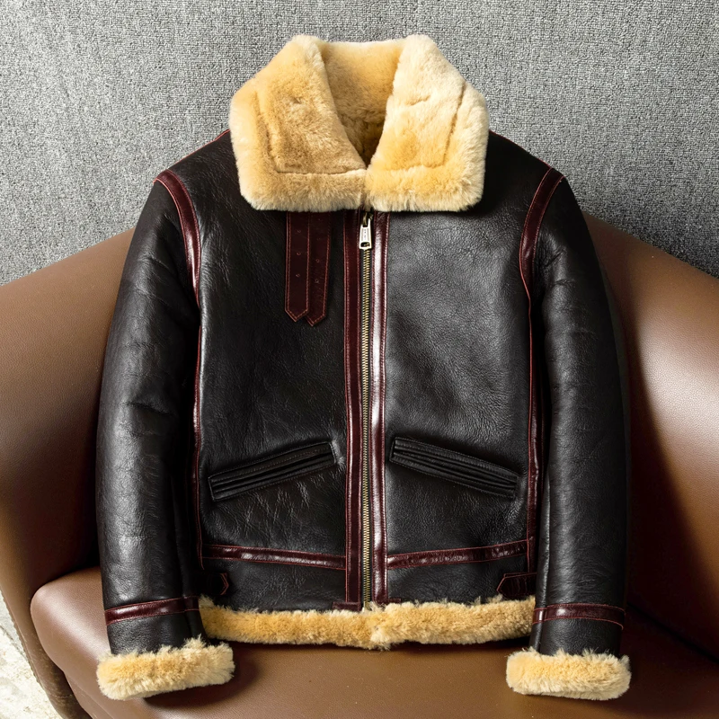Thickened Genuine Leather Men's B3 Coat Windproof Warm Winter Wear Original Ecological Pure Sheepskin Fur Integrated Outerwear