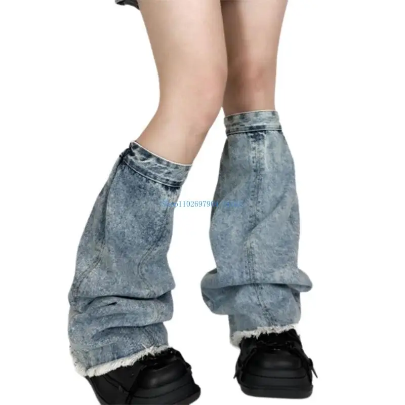 N7YF Distressed Trim Jeans Leg Sleeves with Elastic Cuffs for Women Harajuku Punk Washed Denims Leg Warmer Flared Long Socks