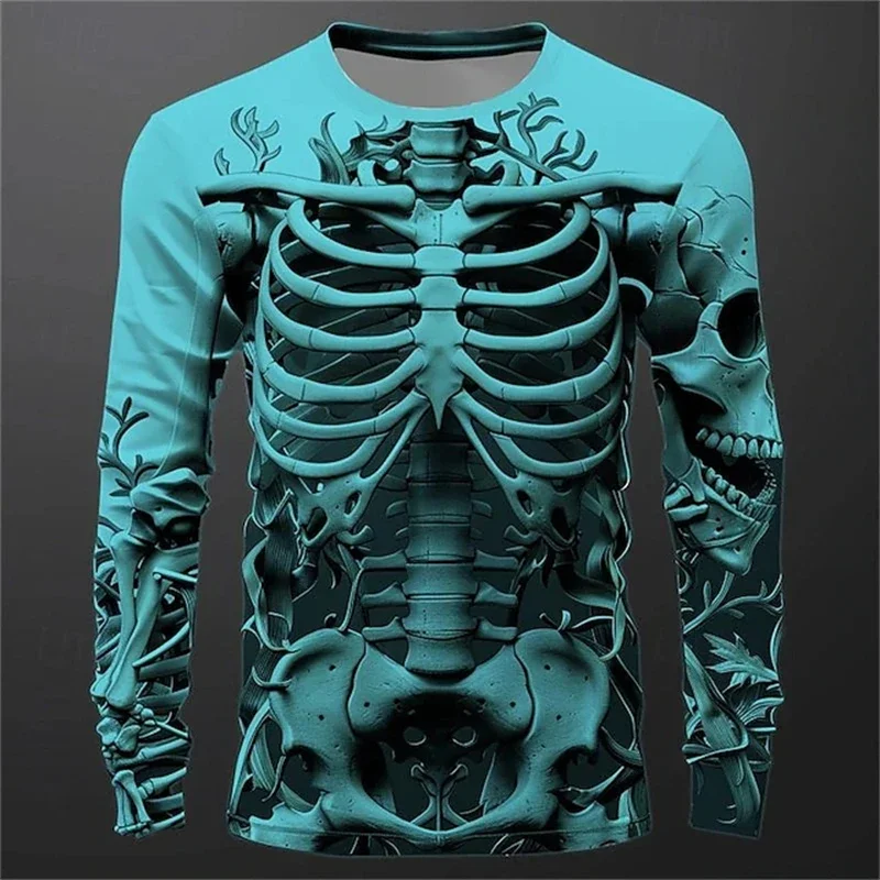 Men Long Sleeve T-shirt 3D Print Skeleton Skulls Pattern Tops Casual Fashion T-shirt Sweatshirt Breathable Streetwear Loose Tees