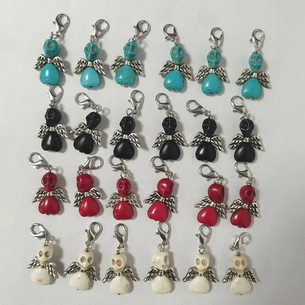 24PCS Synthetic Turquoise Skull Angel Pendant Decoration Zinc Alloy Lobster Clasp Charms Clip-on Charms for Keychain 24pcs/set