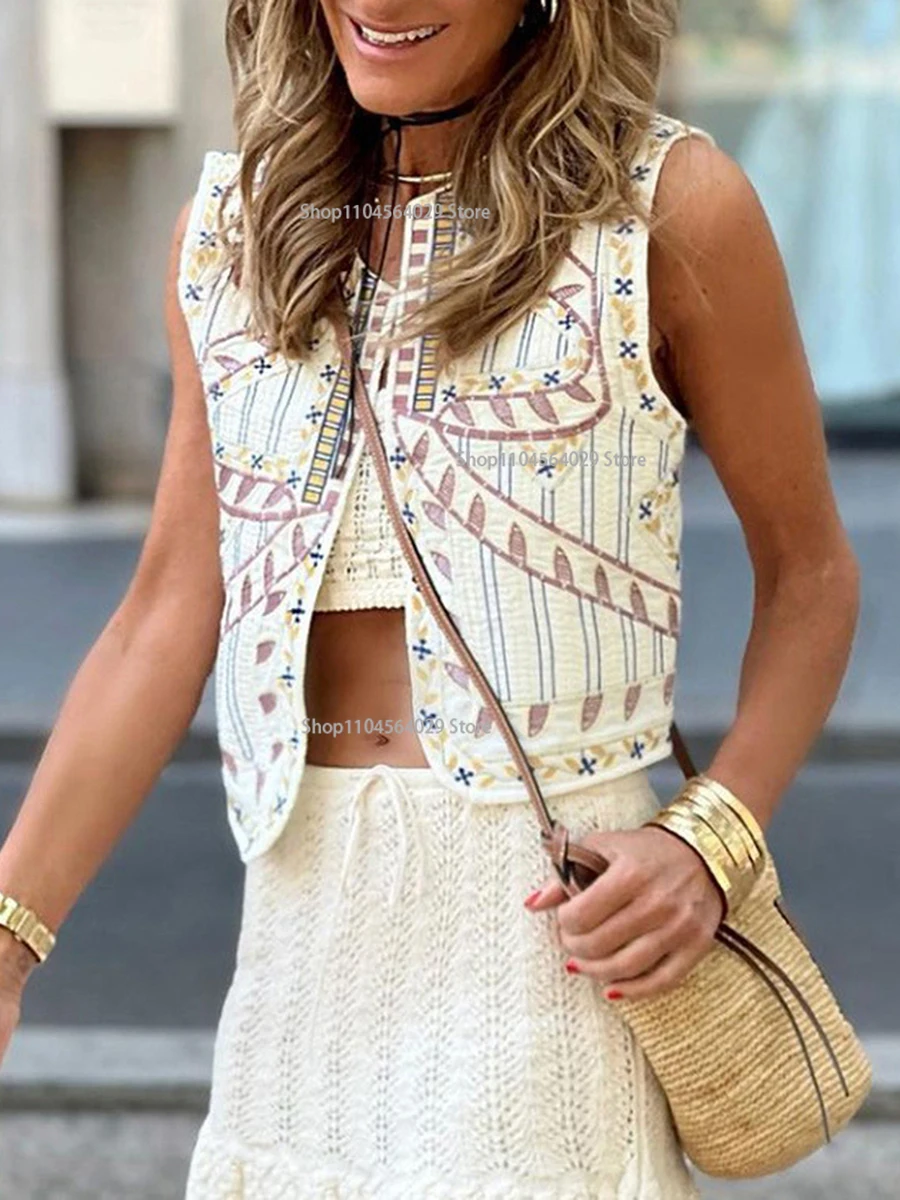 

Women Embroidered Vest Vintage Floral Pattern Sleeveless Open Front Versatile Short Gilets Outerwear Boho Cardigan Crop 2000s