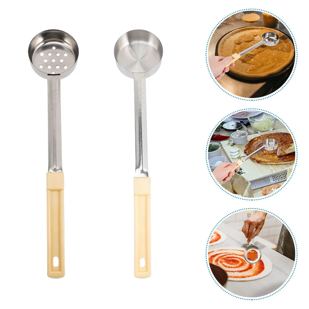 

2pcs Stainless Steel Flat Bottom Sauce Ladle Long Handle Pizza Spread Spoon Kitchen Cooking Spoon For Gravy