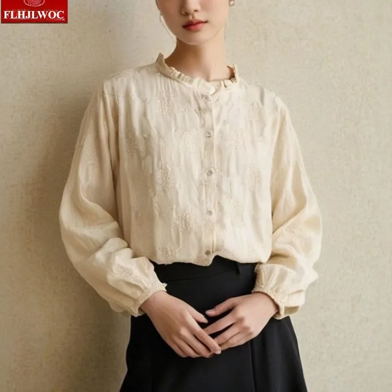 Gran oferta, camisas bonitas de lino dulce 2025, blusas informales de otoño para mujer, camisas de algodón con botones Retro Vintage bordados para chicas japonesas