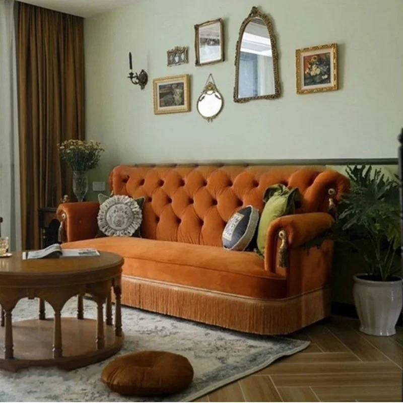 Home French retro style velvet three-person sofa small apartment medieval homestay living room American buckle fabric sofa