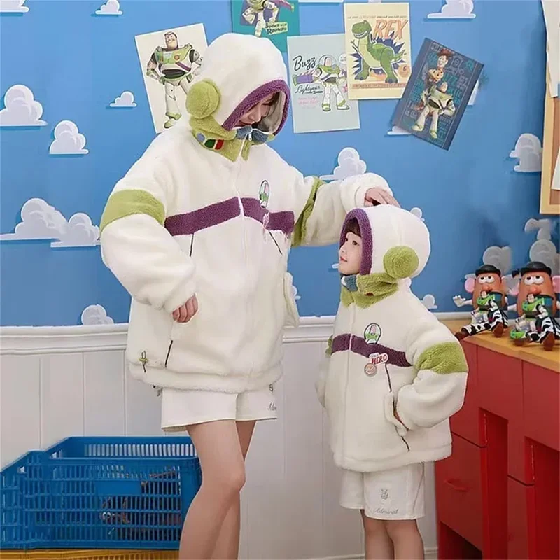 Buz Lightyear Cosplay Hooded Cartoon Winter Warm Long Sleeve Loose Lamb Wool Coat Cool Kids Adult Plush Jacket