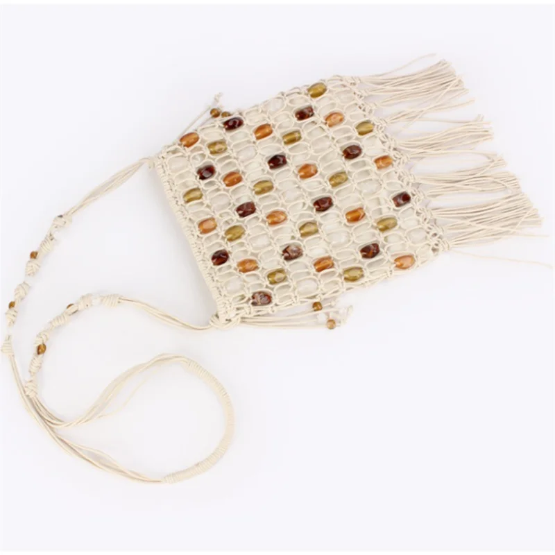 Bunte Ethnische Boho-Tasche mit Perlen und Gewachstem Seil, Gewebte Crossbody-Schultertasche, Ausgehöhlte Lässige Strand-Urlaubshandtasche, Leichte Handtasche – Detail 3