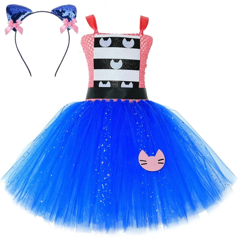 Sparkly Cat Costumes for Girls Halloween Carnival Fancy Tutu Dress with Ears Hairbow Kids Cartoon Animal Disguise Outfit