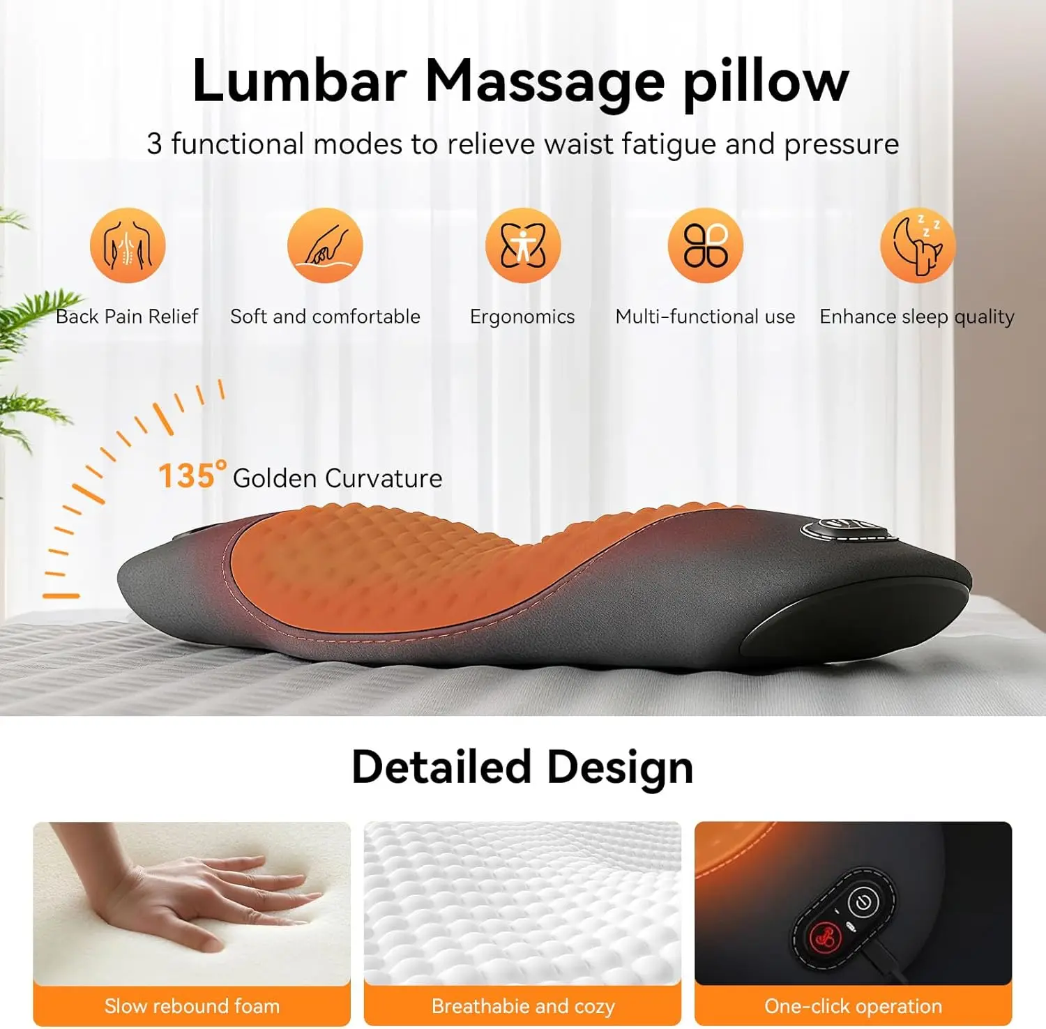 

3 in 1 Lumbar Support Pillow with Adjustable Height for Bed and Chair, Back Massager for Pain Relief Deep Tissue