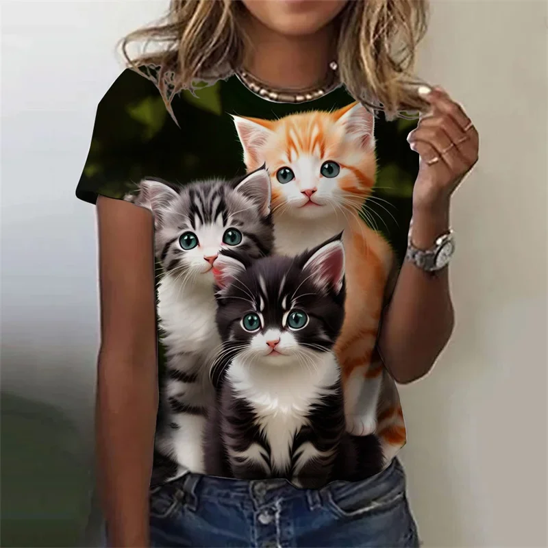 

3D Printed Cute Animal T-Shirt For Women Funny Cat Graphic T Shirts Summer Fashion Oversized Tees Short Sleeves Round Neck Tops