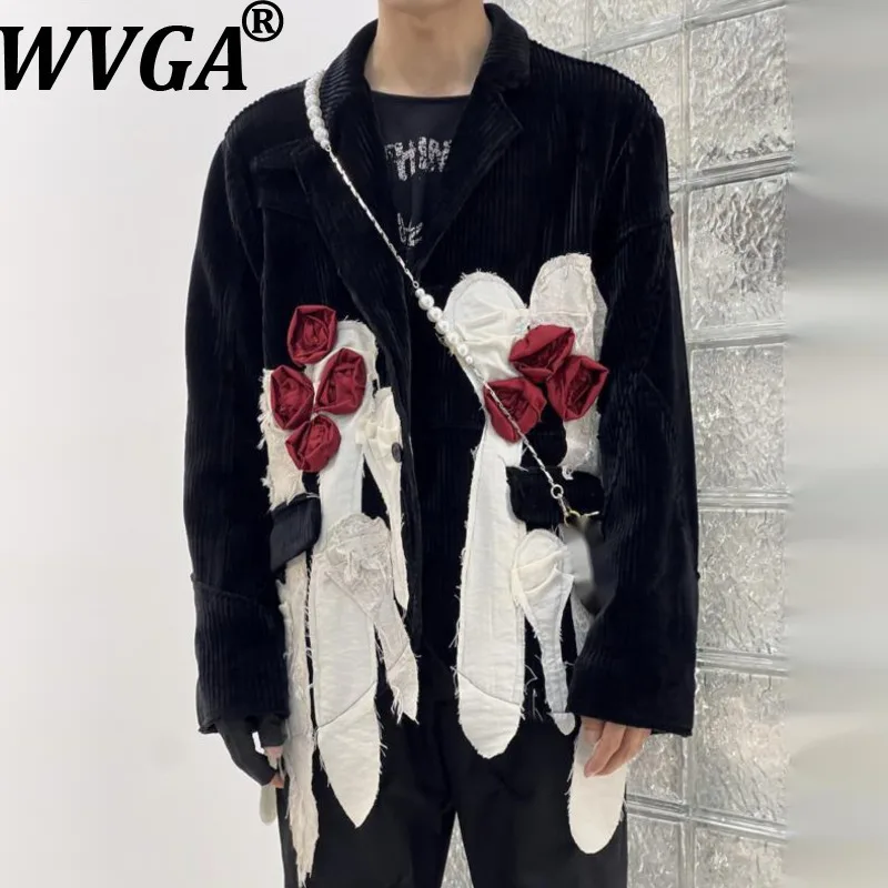 

WVGA Spring Autumn New Man Tide High Street Rosepatchwork Trendy Long Sleeved Suit Coats Niche Chic Casual Blazer Ins Y2K W13369