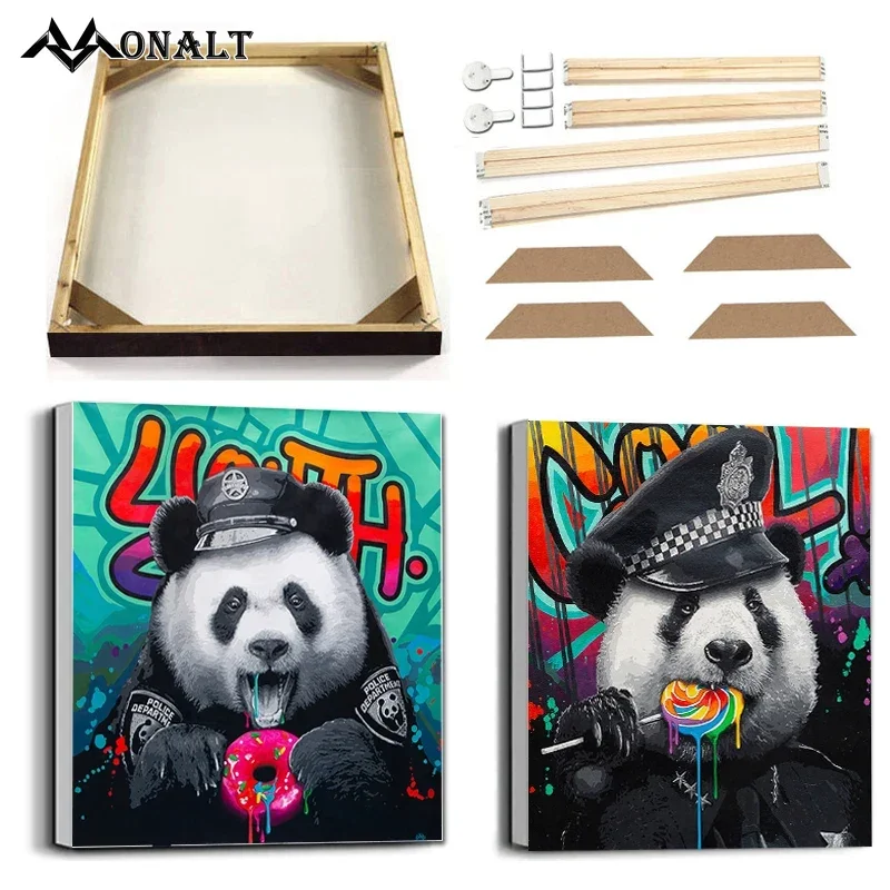 home decor Street Graffiti Panda Wall Art Canvas Painting with Frame Fantasy Lollipop Panda Police Poster Prints Cute Animal Pic