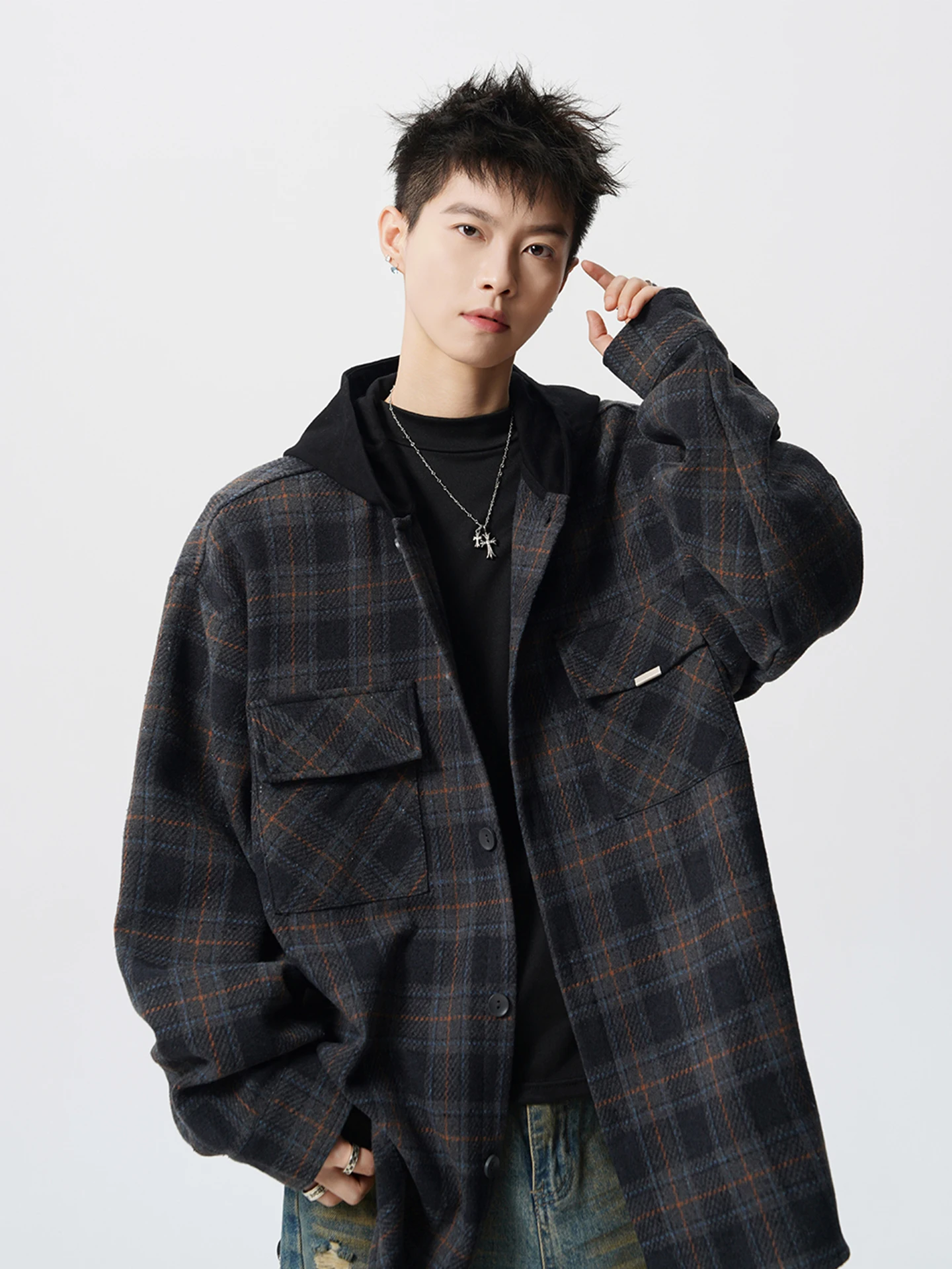 

American Retro Men's Casual irt Jaet Spring Loose Fit Hooded Top Fake Two-Piece Button up Anti-Wrinkle Windproof