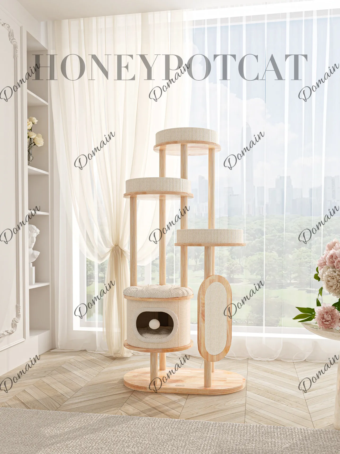 Cat climbing frame cat nest integrated, solid wood column frame household, rubber wood cat toy 080018