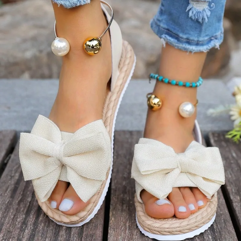 

Fashion Bow Pearl Decor Women Flat Bottom Sandals Summer New Simple Solid Color Female Shoes Trendy Casual Comfort Sandals