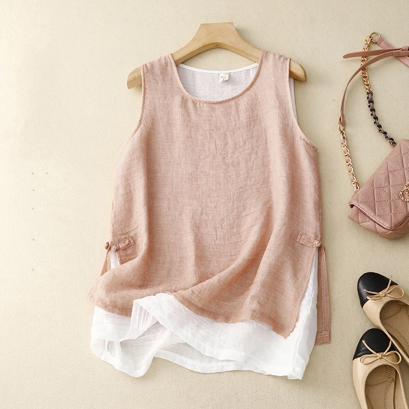 

Summer New Double Layer Cotton Linen Y2k Crop Top Women Breathable Vest Sleeveless Loose Thin Simple Tank Tops