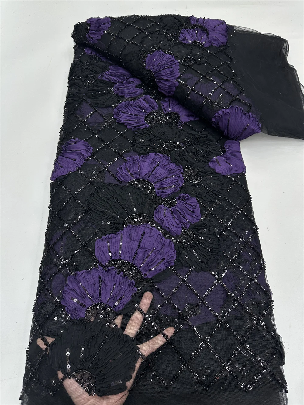 5 Yards African Sequins Lace Fabric 2025 High Quality Lace Embroidery Beaded Mesh Fabric For Women Wedding Party Dress