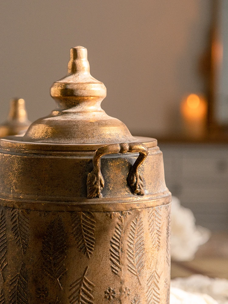 Vintage Feather Pattern Iron Storage Jar | Antique Gold Decorative Vessel | Handcrafted Lid Container | Boho Home Decor