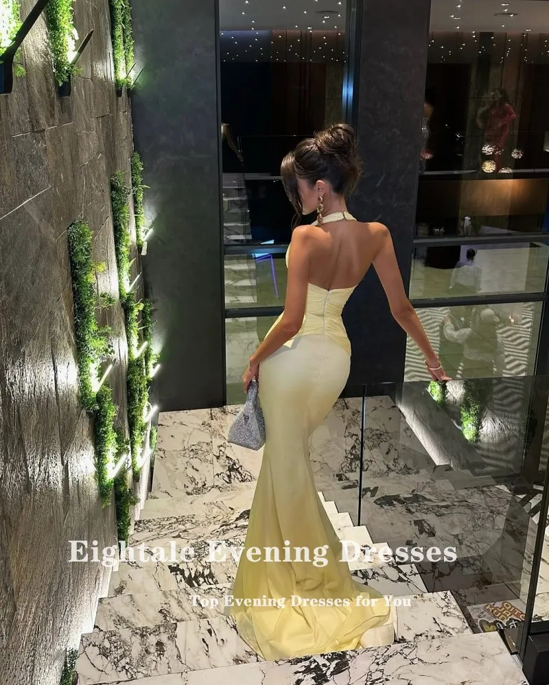 Robe de soirée arabe de quatre-quarts, col licou, personnalisée, en mousseline de soie, plis jaunes, sirène, robe de bal de mariage