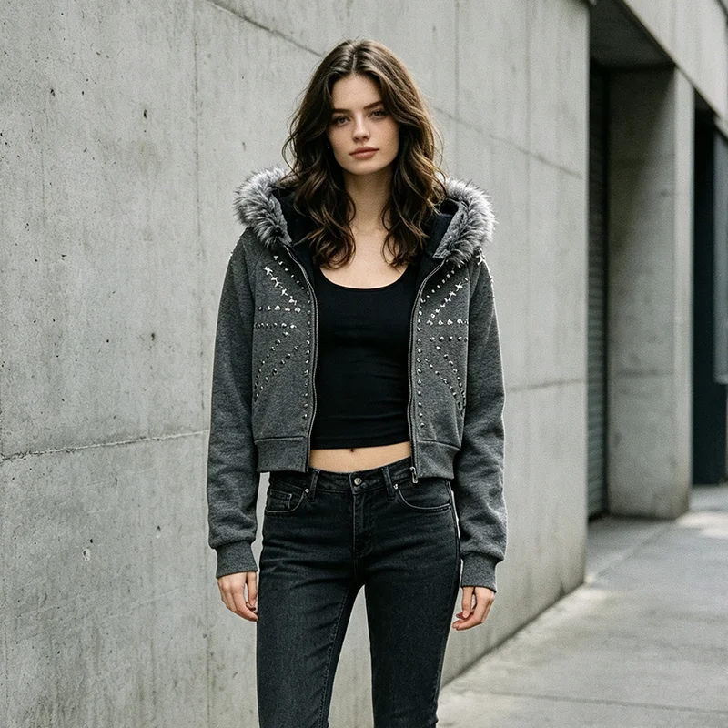 Women's Short Zipper Fur Collar Hooded Sweatshirt With Metal Diamond Decoration Star Pattern Long Sleeved Streetwear Sweatshirt