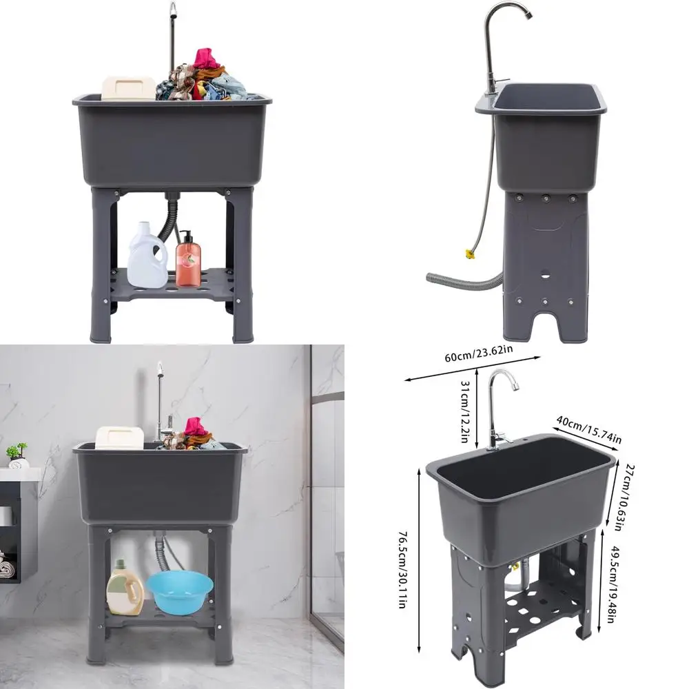 회색 독립형 다용도 세탁통 (수도꼭지, 세탁판, 수납 선반 포함, 실외용)